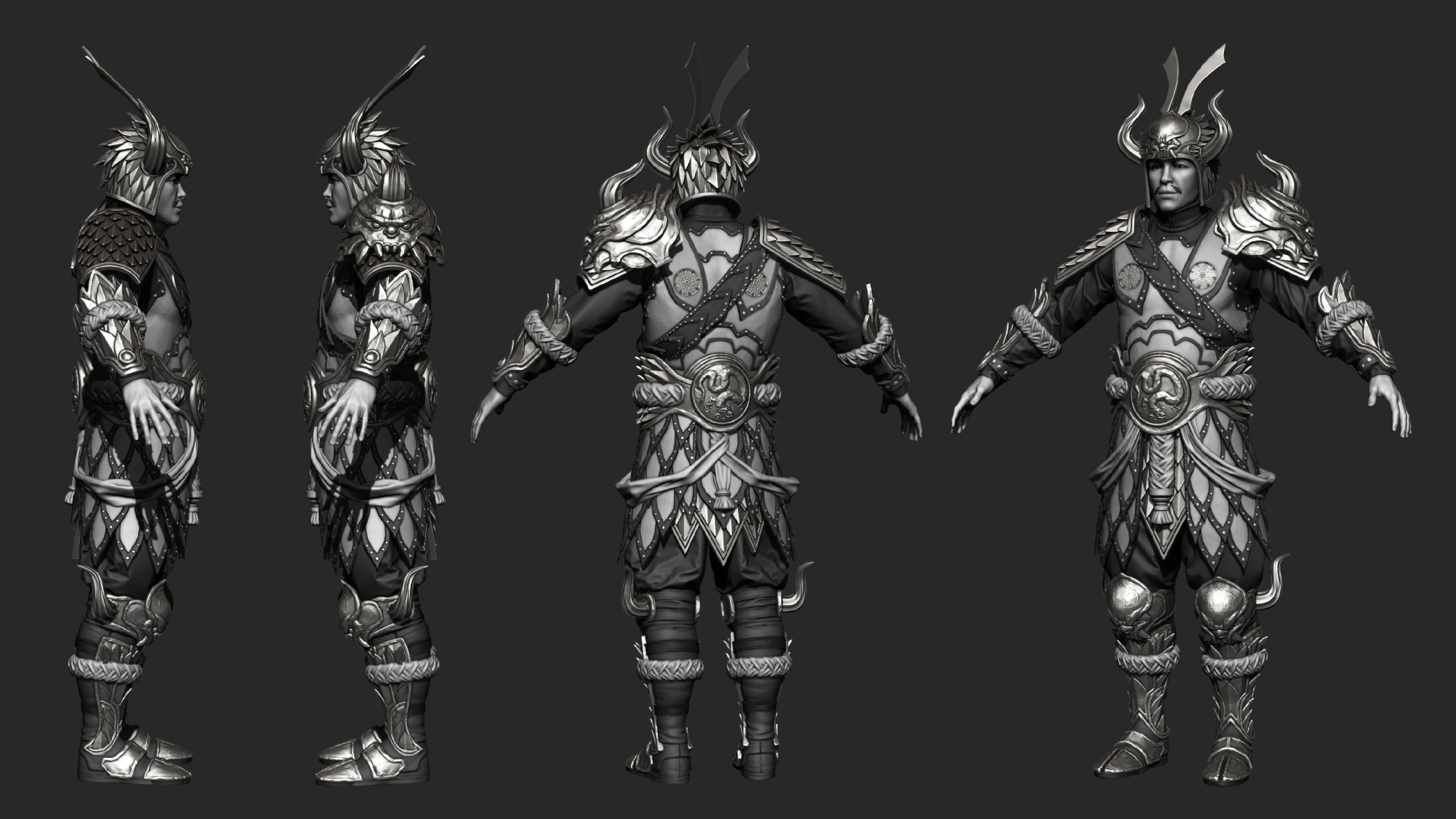Samurai-inspired armored warrior sculpt, four-view turnaround