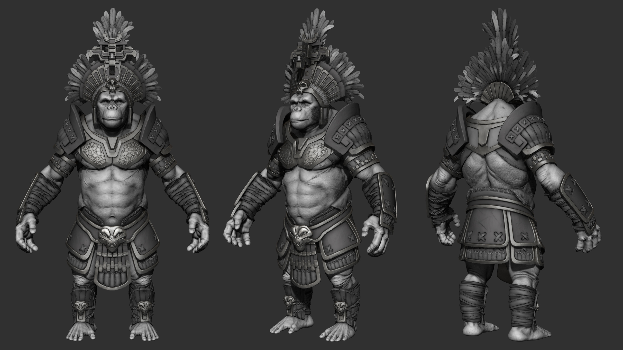 Aztec-inspired armored gorilla warrior sculpt, three-view turnaround