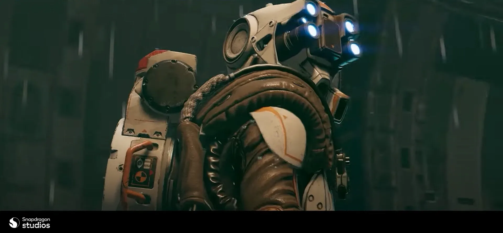 Detailed view of helmet and upper body design