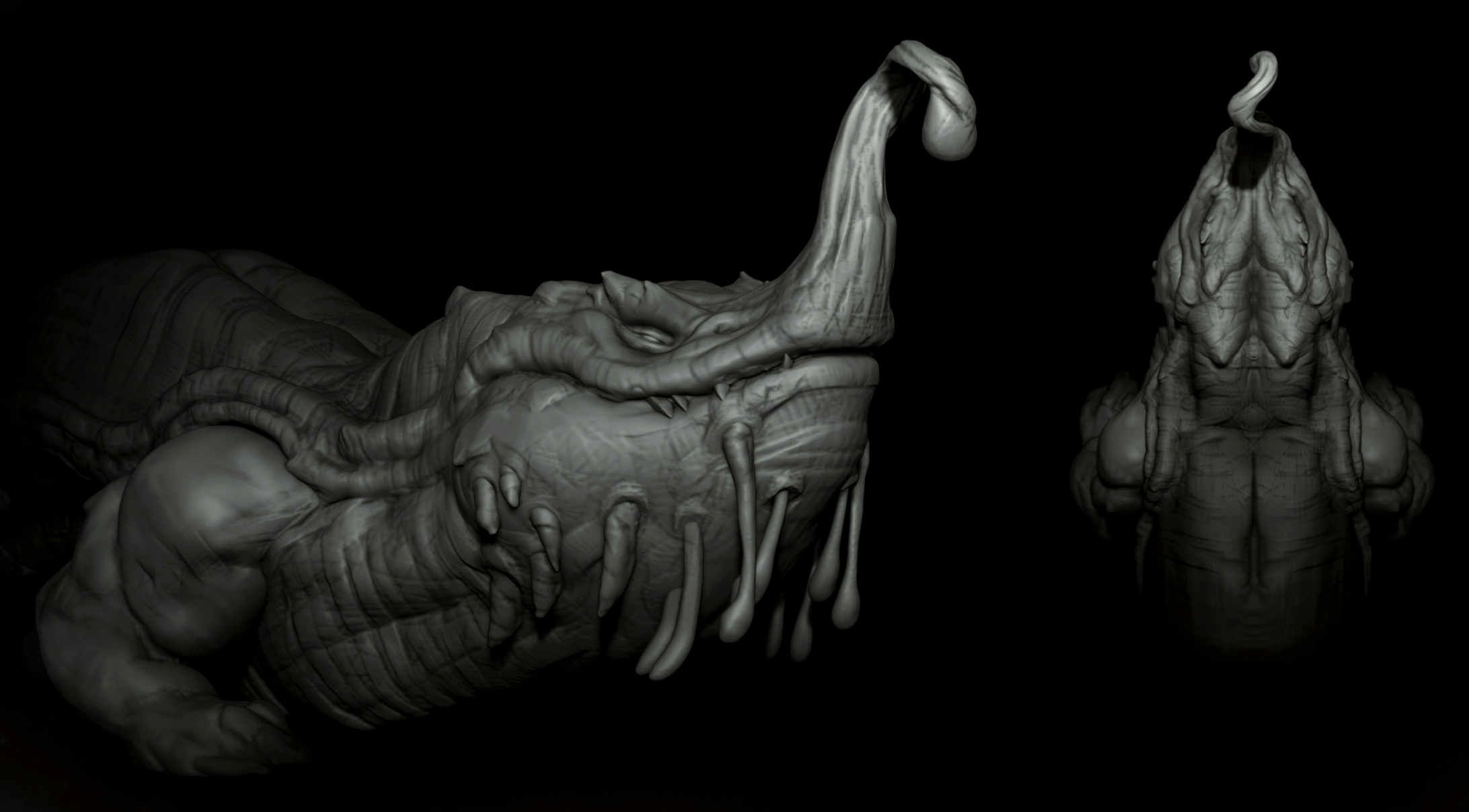 Alien creature sculpt, front and top views