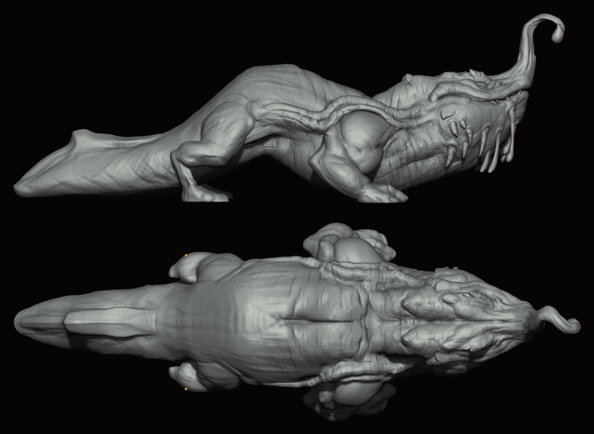 Alien creature sculpt, side and top views