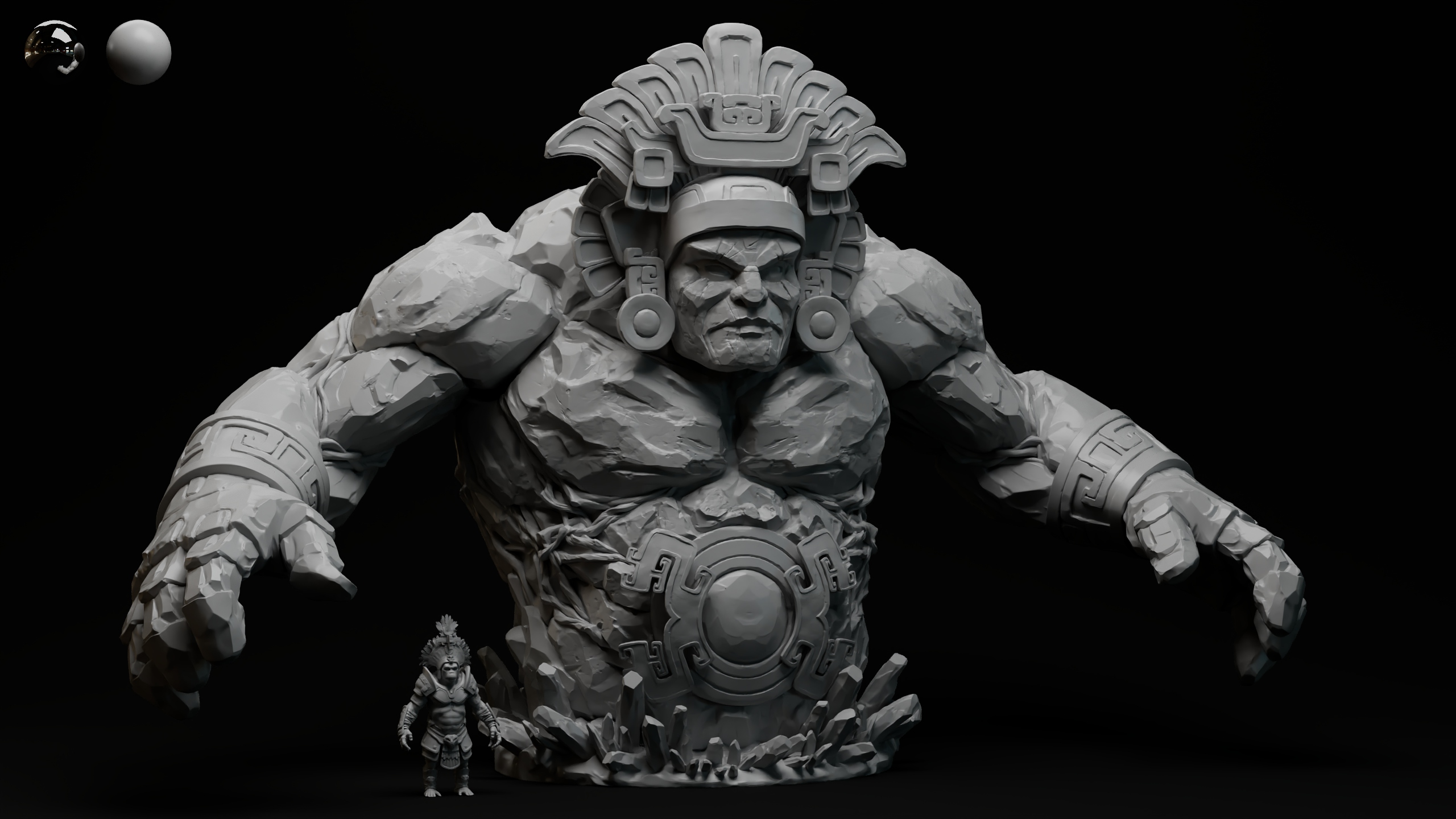 Aztec-inspired stone golem bust sculpt with scale comparison figure
