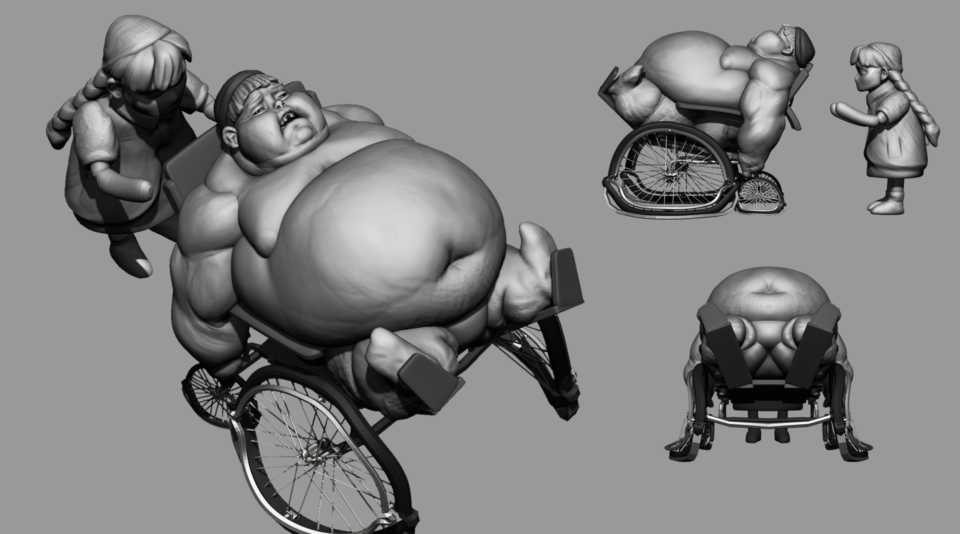 Character sculpt sheet: wheelchair figure group, multiple views