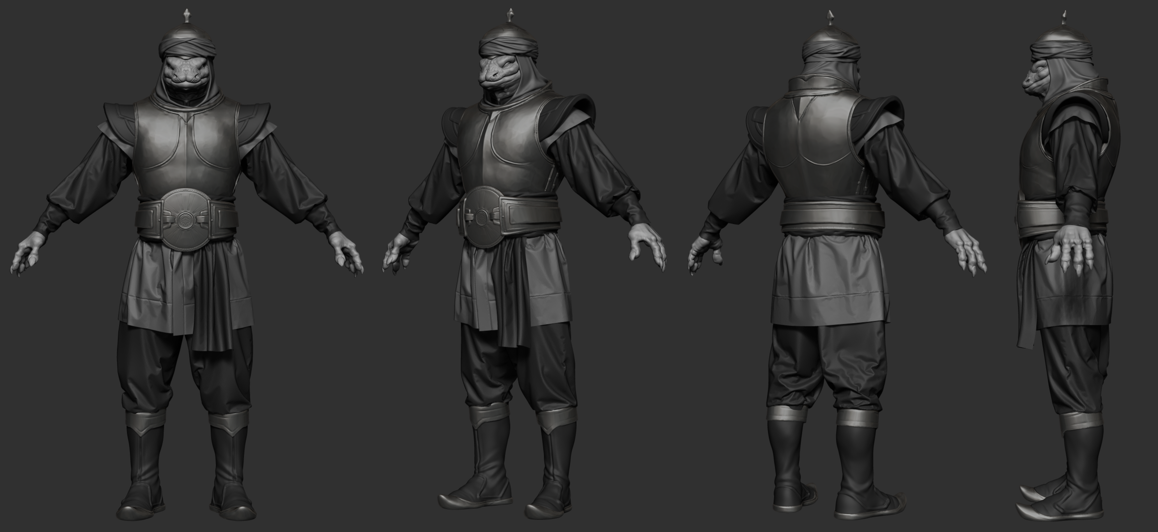 Reptilian warrior character sculpt, four-view turnaround