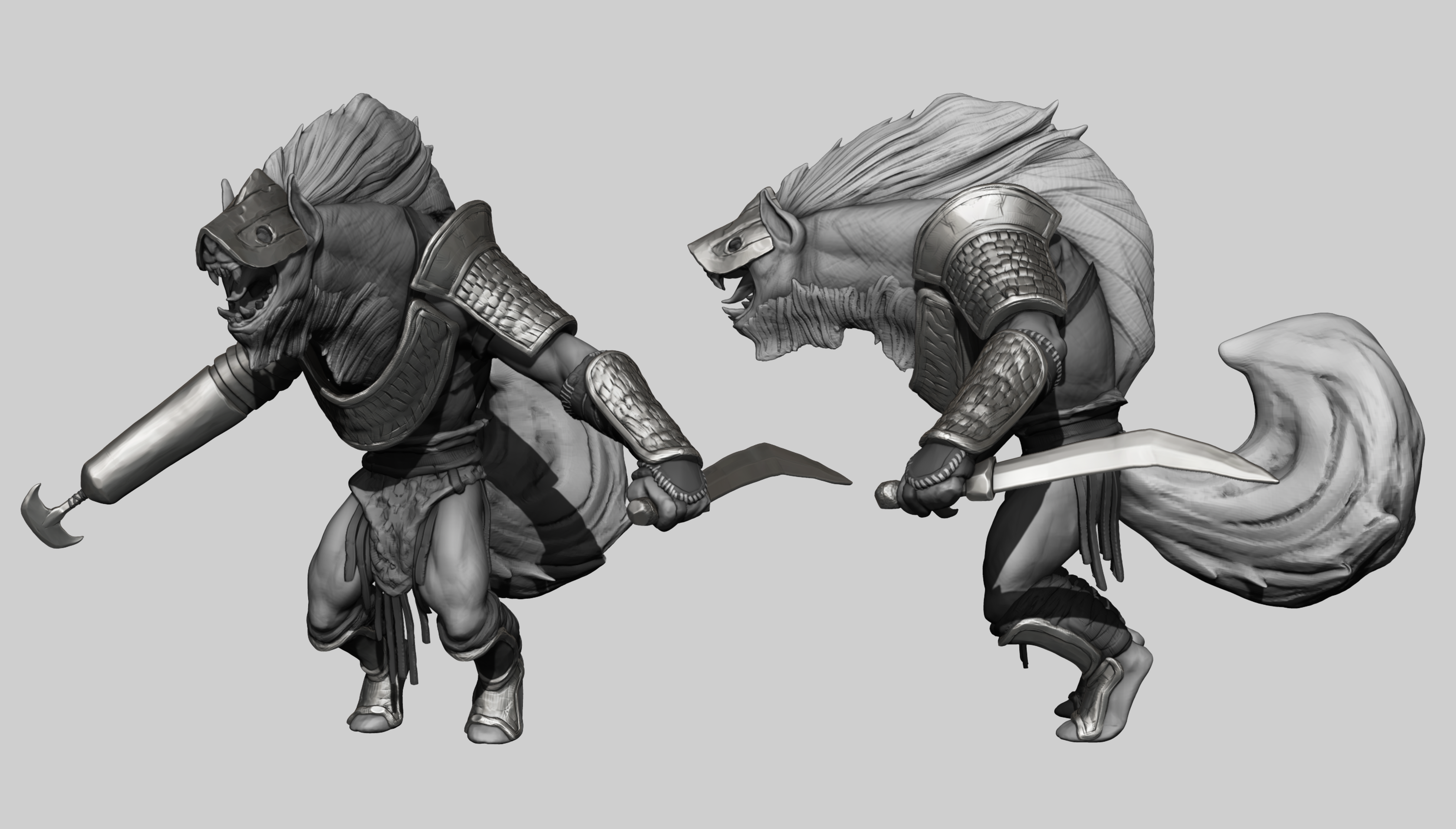 Lion beast-warrior character sculpt, two action poses