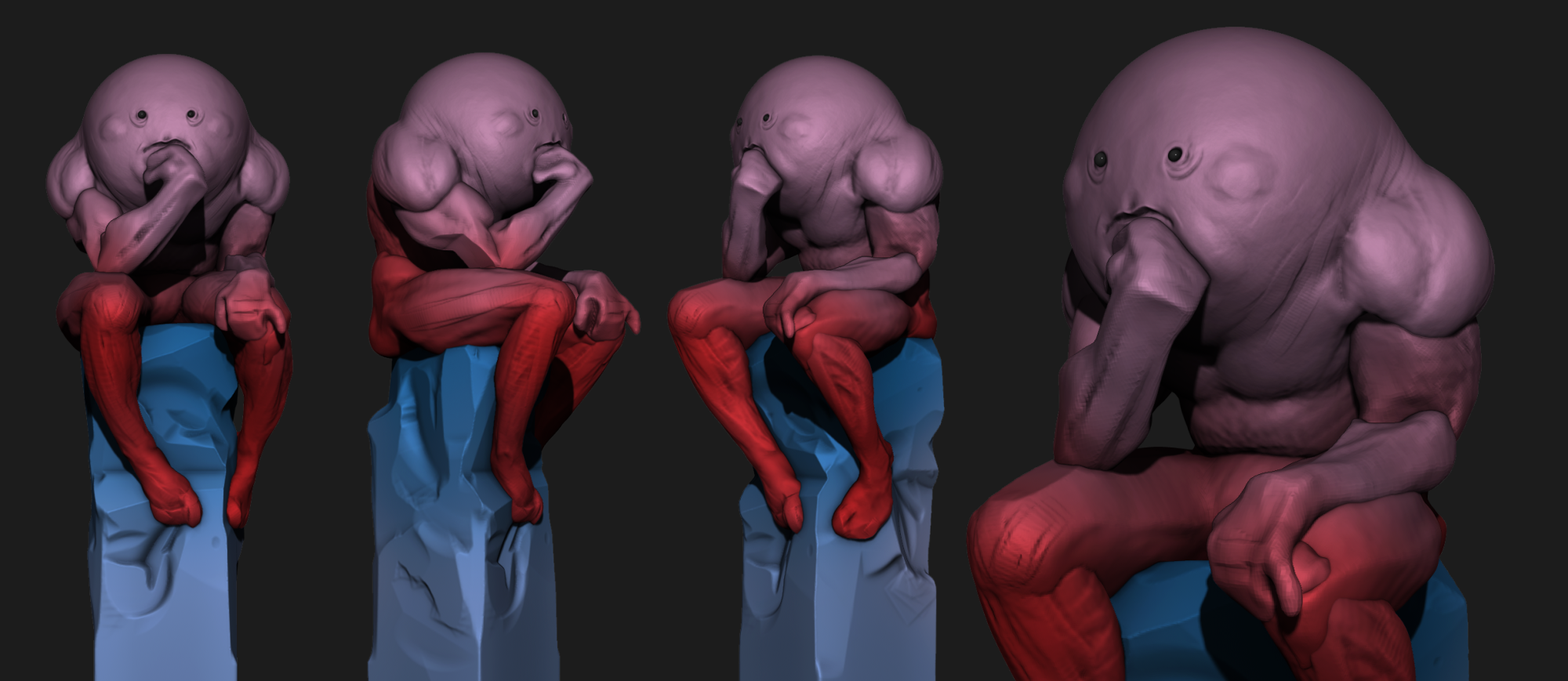 Stylized "Thinker"-pose creature sculpt with polypaint mask, multiple angles