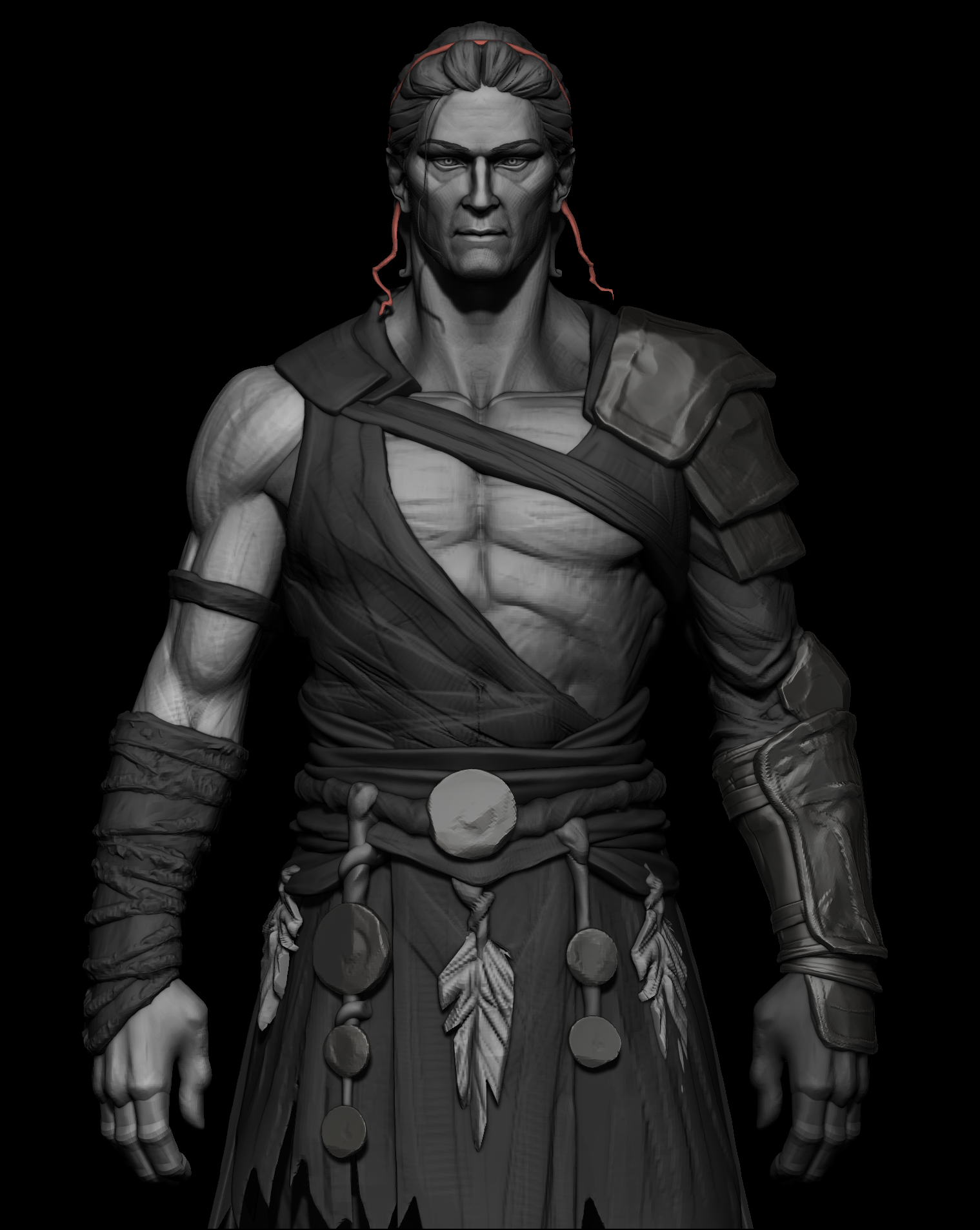 Warrior character bust sculpt with feather and bead adornments