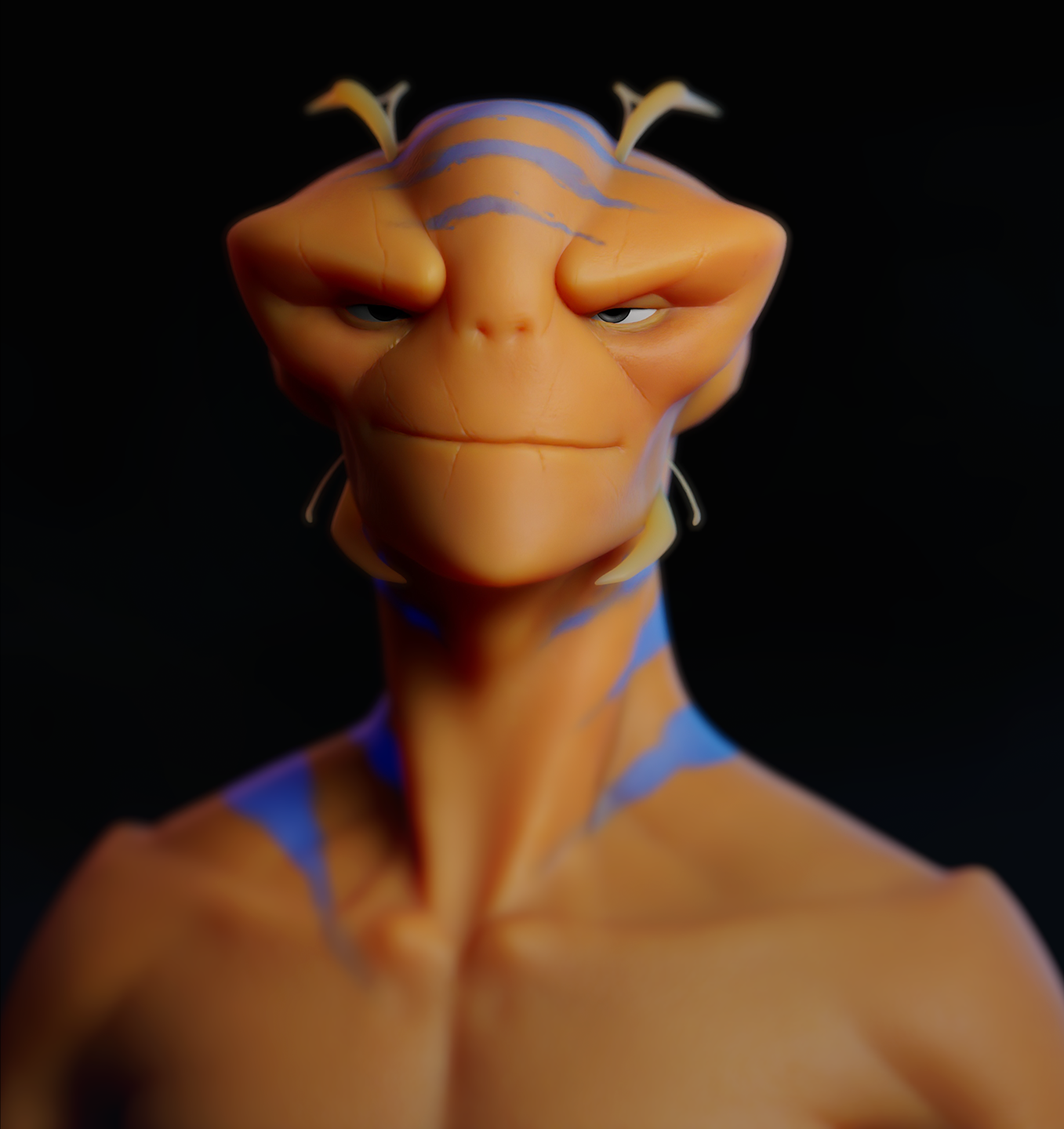 Reptilian alien character portrait, close-up bust