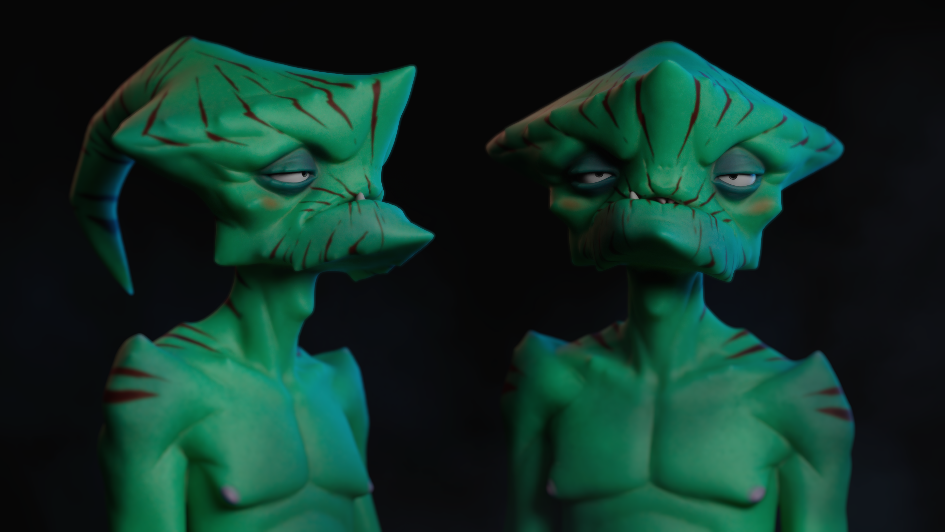 Green alien character bust, two angle views
